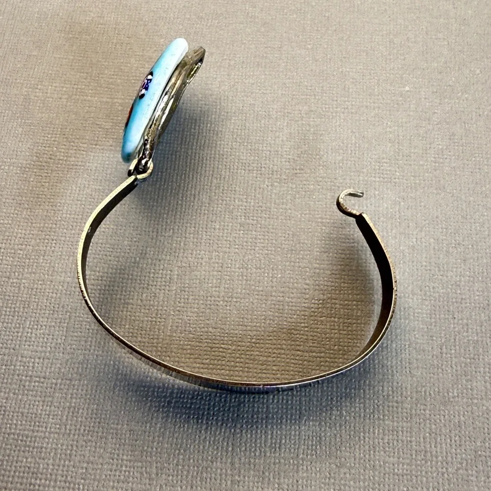 Vintage Millefiori Murano Glass Silver Tone‎ Cuff Bracelet Blue Floral Statement